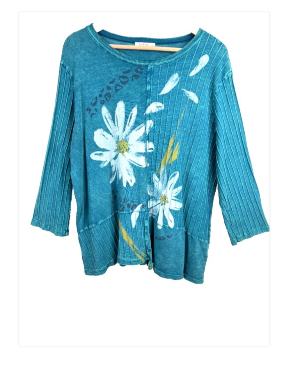 Jess & Jane Teal Blue Daisy Floral Tunic Top 1X 3/4 Sleeve Lagenlook Boho Ribbed
